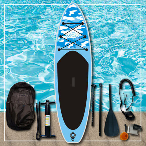 SUP board blue camouflage pump paddle foot leash back pack